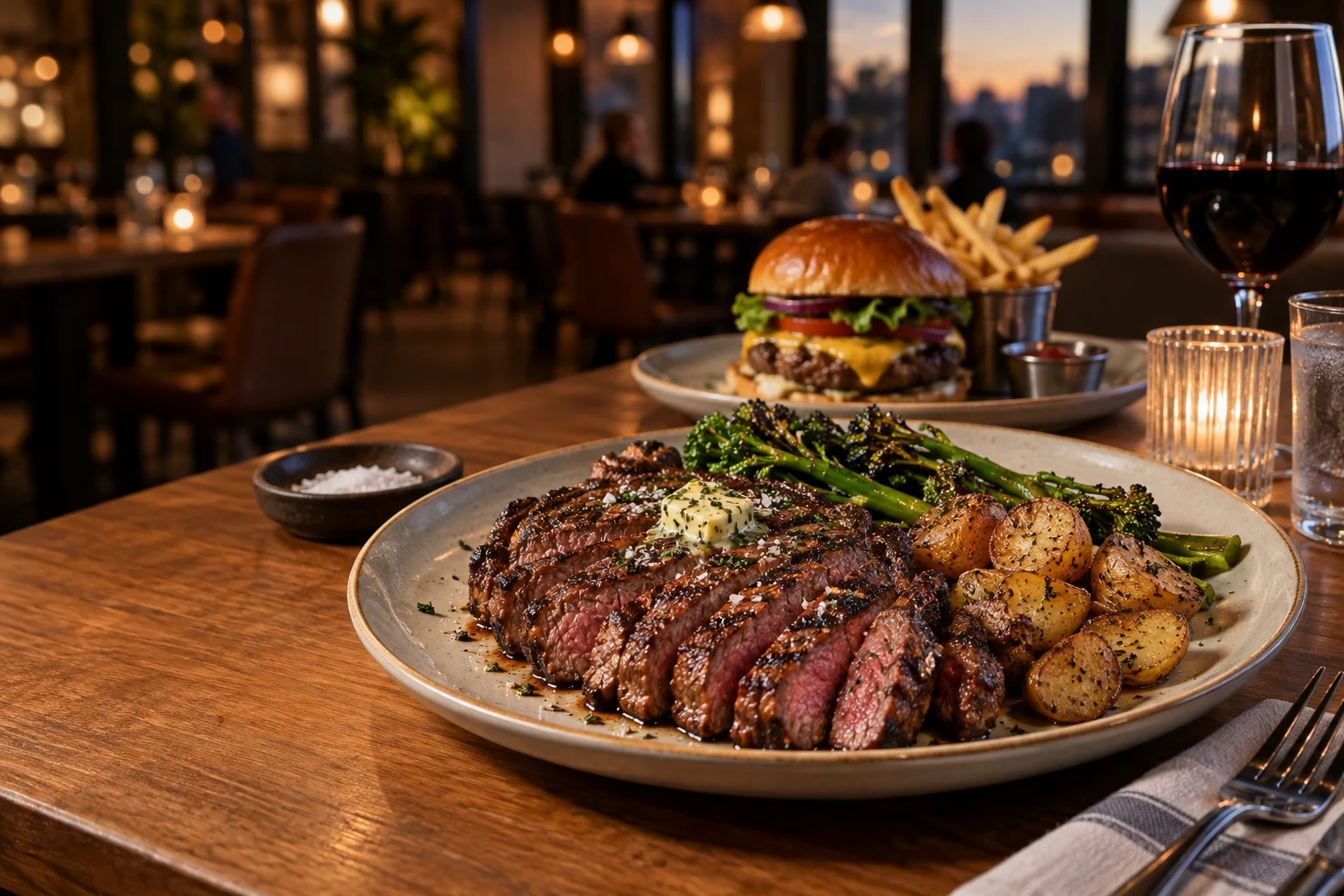 Grilled ribeye and cheeseburger on a warmly lit restaurant table